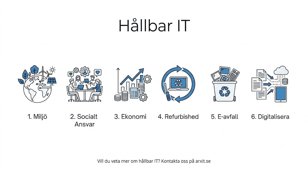 En komplett 6-stegs guide och infografik (FAQ) om Hållbar IT och fördelarna med refurbished utrustning för företag, presenterad av Arxit.se. Guiden illustrerar en cirkulär IT-strategi uppdelad i sex pelare: 1. Miljö – minskad klimatpåverkan och CO2-utsläpp genom gröna IT-val. 2. Socialt Ansvar – fokus på hållbar arbetsmiljö och etik. 3. Ekonomi – kostnadseffektiva lösningar och långsiktigt värde genom cirkulär ekonomi. 4. Refurbished – miljösmarta val genom att köpa återbrukade och rekonditionerade datorer. 5. E-avfall – minskat elektronikskrot genom ansvarsfull återvinning och hantering. 6. Digitalisera – minskat resursutnyttjande genom smarta digitala processer. Avslutas med texten: Vill du veta mer om hållbar IT? Kontakta oss på arxit.se. En strategisk resurs för företag i Uddevalla och övriga Sverige.